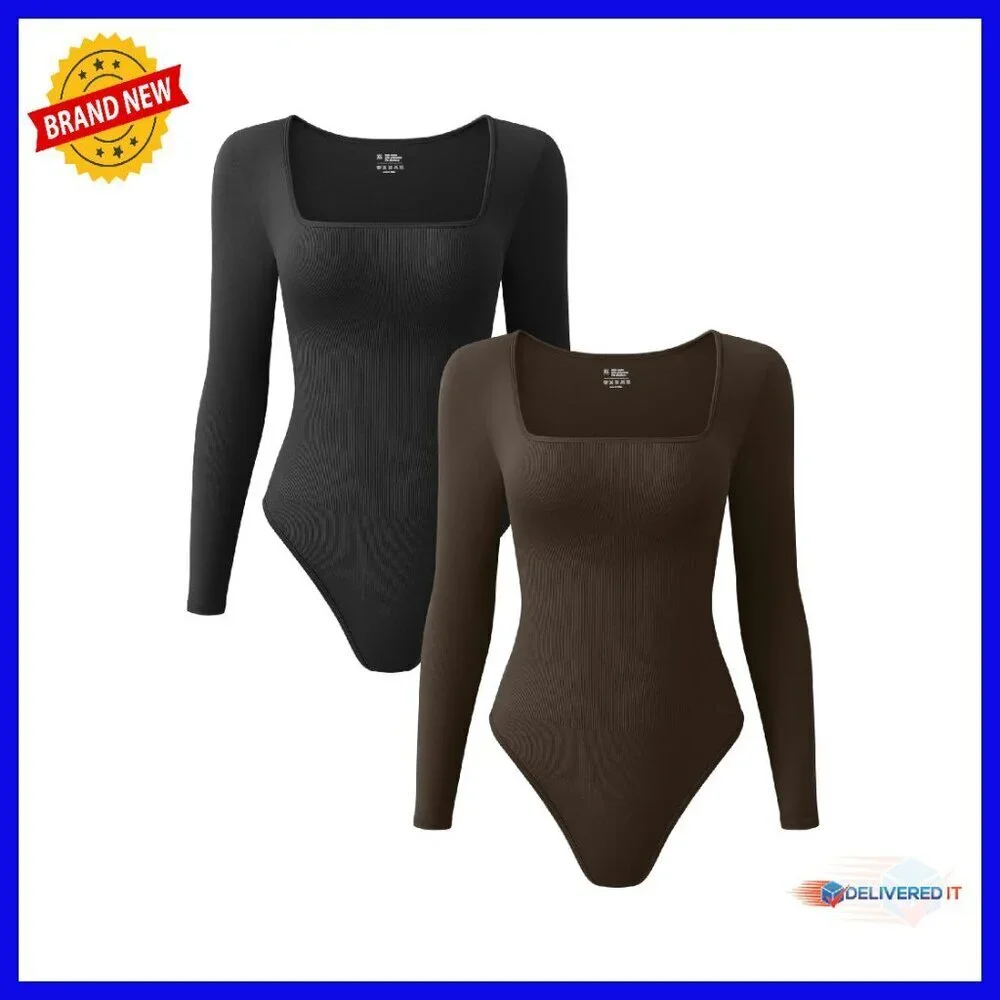 Long Sleeve Ribbed Bodysuit Square Neck Stretchy Fabric Women's Top
